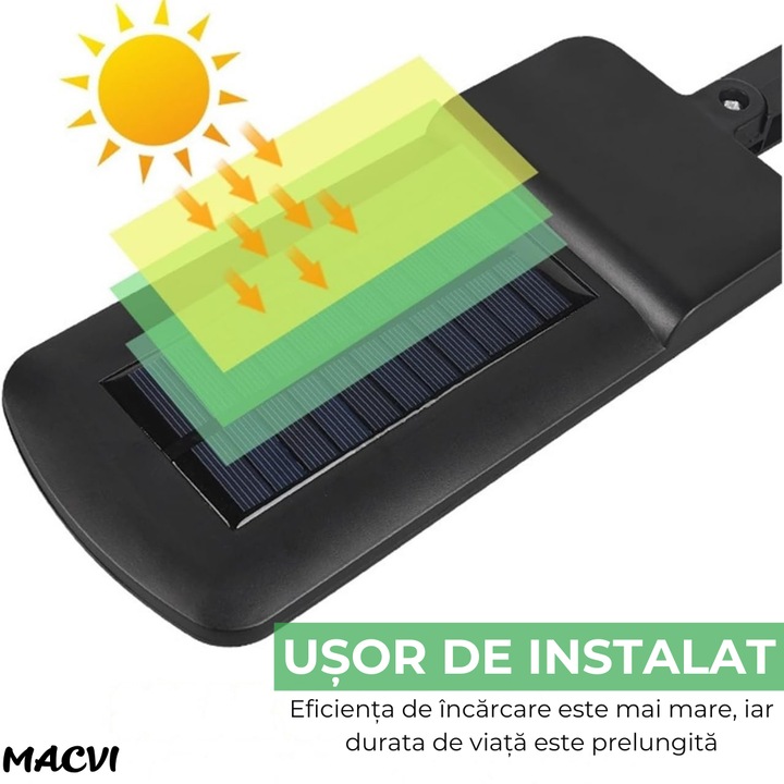 Aplica LED Exterior Macvi® Solara cu 150 COB, Senzor Miscare si Lumina, Panou Solar 1.5W, 2400mAh, IP65, 6500K, Autonomie 6-10 Ore, Unghi Lumina 120°