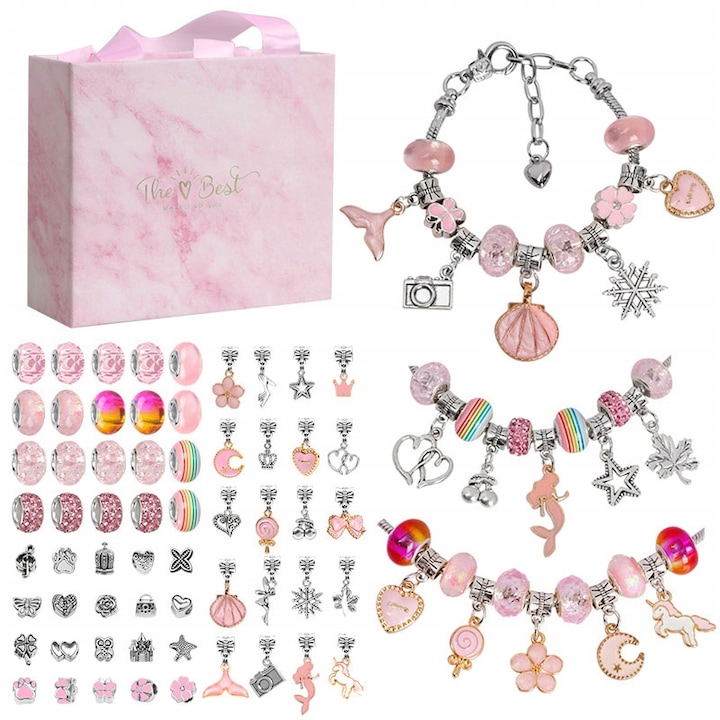 Set 66 De Facut Bijuterii, Bratari Cu Margele Si Alte Accesorii Pentru Fete, Charms, Metal/Plastic, Multicolor