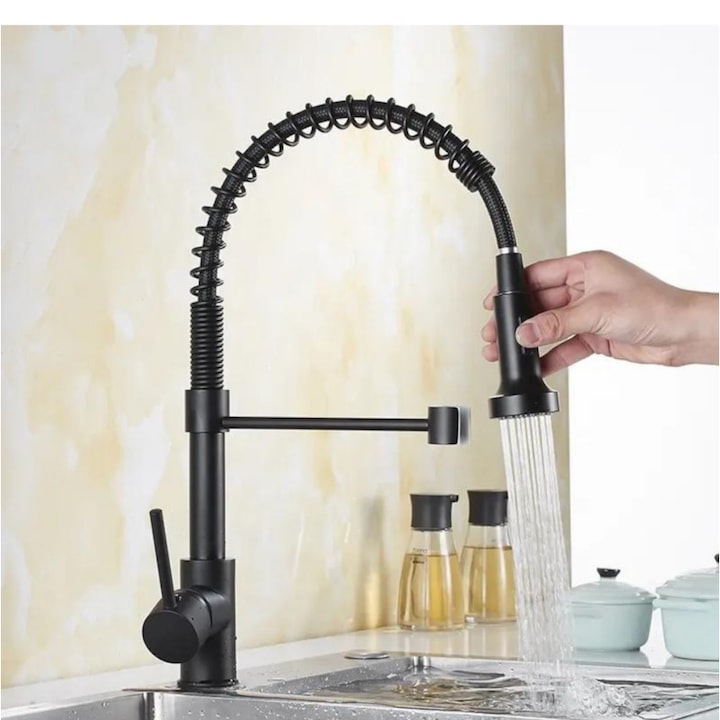 Baterie Sanitara Profesionala 7LIFE pentru Bucatarie, Dubla comanda, Dus Flexibil, Robinet rotatativ 360 de Grade, Negru Mat
