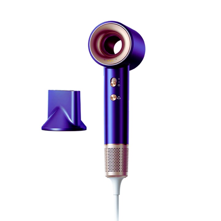 Професионален сешоар TSItech®, йонен, бързо изсушаване 68m/s, 200 милиона отрицателни йони, 8 режима на сушене, мощност 1600W, кух аеродинамичен тунел, магнитен концентратор, синьо златист