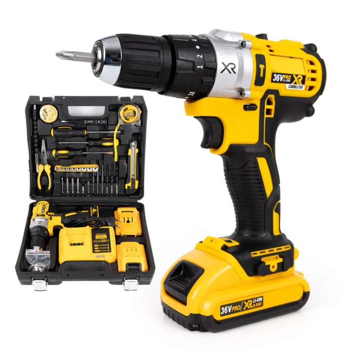 Бормашина Red Rudolf с перкусия, самонарезна машина, 30 аксесоара, 2 батерии, 36V 8.0 Ah, 500W, зарядна станция, транспортен куфар, жълто/черно