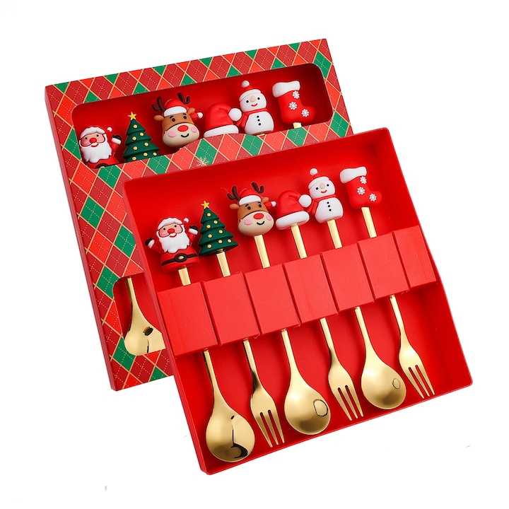 Set 6 tacamuri, tematica de Craciun, Otel inoxidabil, Cutie cadou Craciun, 15.8cm/18cm, NEVERMORE, Multicolor