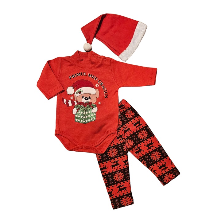 Compleu fete "Primul meu Craciun", body, pantaloni si caciula Mos Craciun, bumbac, rosu, Rosu/Negru, 62 CM