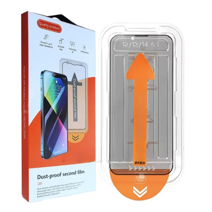 Протектор, съвместим с iPhone 15 с черни ръбове, 6.1", N2L Store, комплект за незабавно приложение и функция за автоматично отстраняване на прах, 9H+ защитено стъкло, защита срещу пръстови отпечатъци, Ultra HD яснота