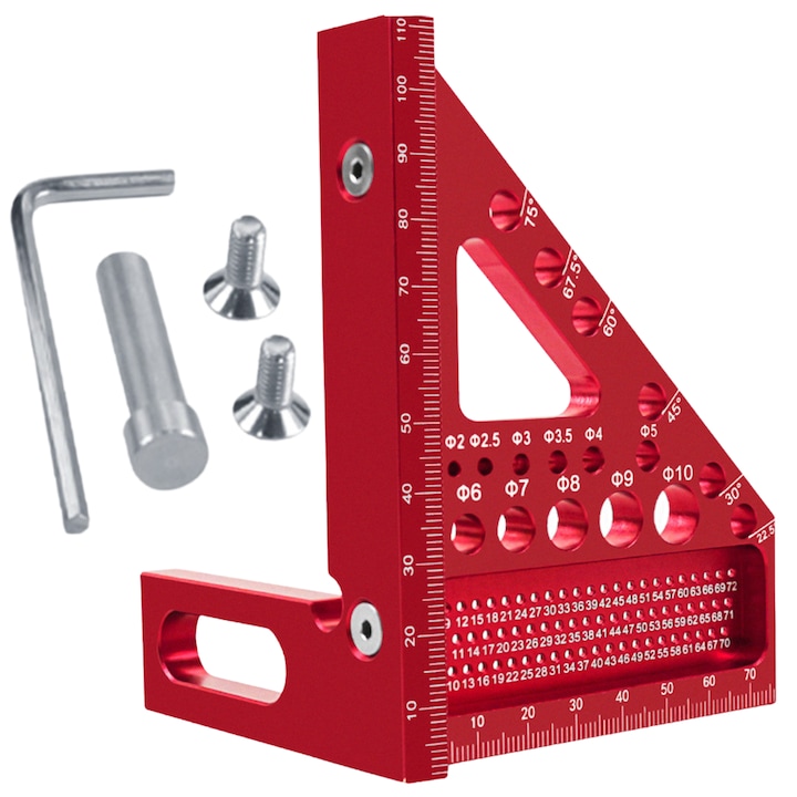 Vinclu 45º/90º CZAY®, Echer 3D, Unghiuri intre 22,5º si 90º, Rigla Metalica Triunghiulara Precizie Ridicata 0, 1 mm/ ± 0.004°, Raportor Patrat Prelucrare Lemn pentru Dulgheri, Tamplari, Rezistent la Zgarieturi si Rugina, 112*85*79 mm, Aluminiu, Rosu