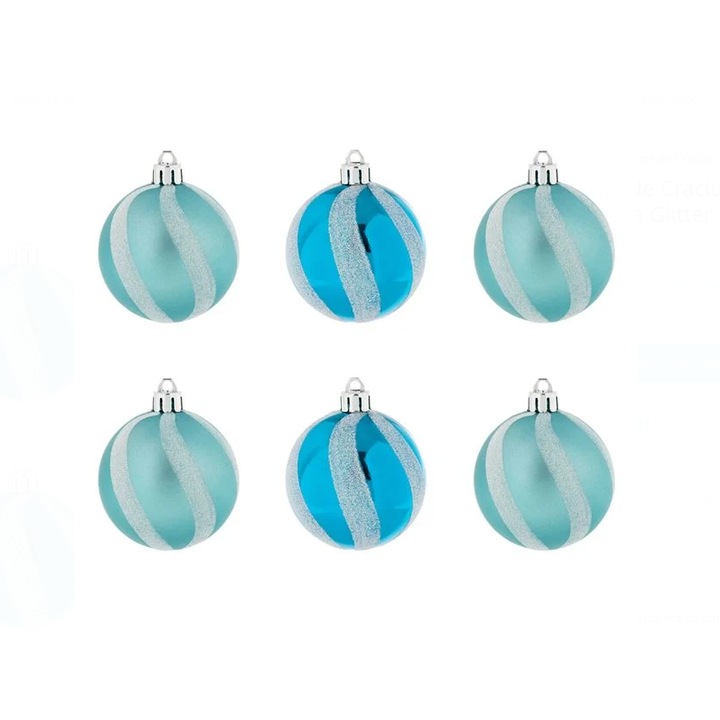 Set Globuri de Craciun BIMROM Turcoaz cu Dunga Alba Mat Lucioasa Glitter 6cm - 6buc