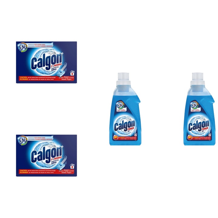 Set 4 x Calgon Variety, 2 x Anticalcar 8buc Tablete, 2 x Anticalcar Gel 750ml 3 In 1, fresh aroma, parfum floral, distruge calcarul, rapid si eficient, testat dermatologic, prospetime de lunga durata, eficacitate maxima, continut generos