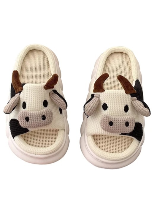 Papuci din bumbac pentru femei, cu model de vacuta desen animat, antiderapanti, papuci pentru interior si exterior, pentru toate anotimpurile, MAKG, Alb crem, Alb crem, 38-39