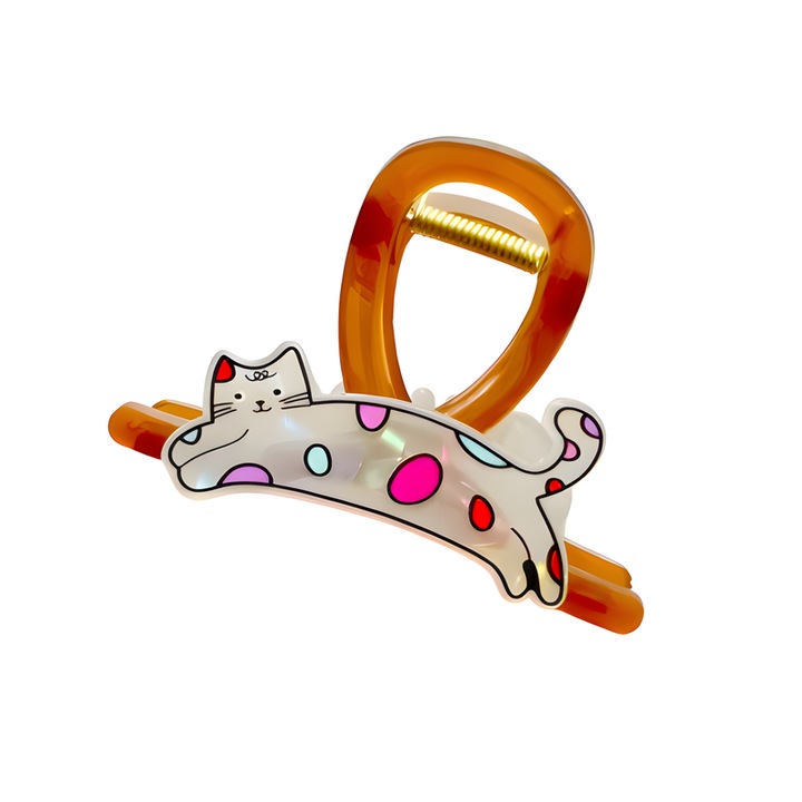 Clama de par cu fata dubla, culoare caramel, cu design de pisica si os de peste, draguta si dulce, cleste tip rechin pentru partea din spate a capului, dimensiune medie, potrivita pentru femei. (Pisica si os de peste)