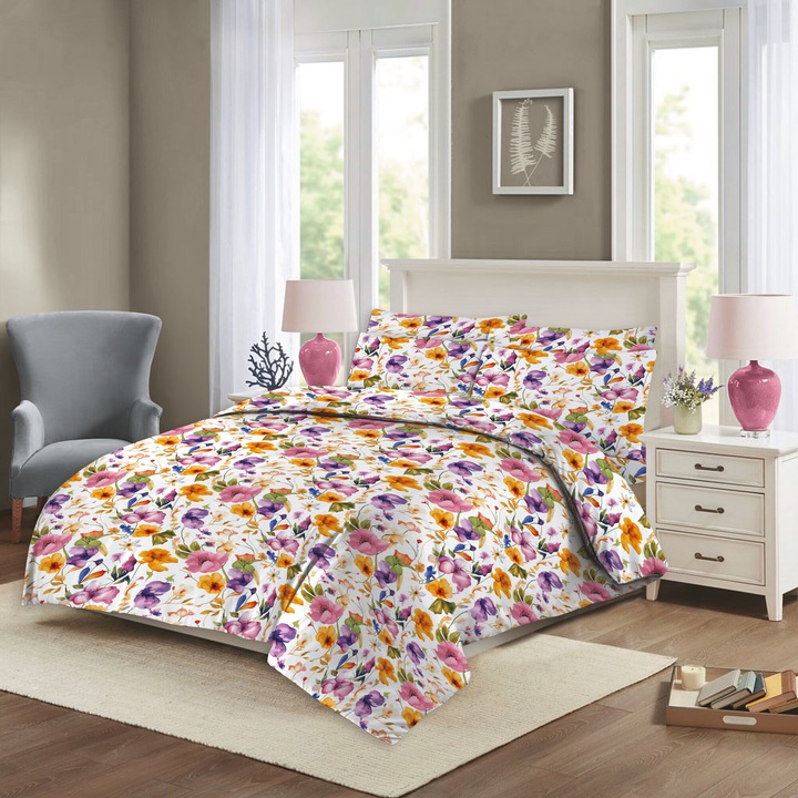 Lenjerie de pat Kring, 2 persoane, 100% bumbac, 132 TC, imprimeu floral, cearsaf pat 200 x 220 cm, cearsaf pilota 180 x 200 cm, 2 fete de perna 50 x 70 cm, Roz/Portocaliu