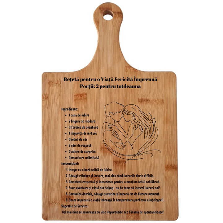JOYSTOS, Tocator Personalizat din Bambus, Gravat cu – Reteta Iubirii pentru Cupluri, 24x27 cm, Cadou De Casa Noua, Cadou De Nunta