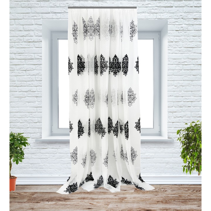 Perdea cu rejansa, 200x230 cm, brodata, model "Arabesk", alb/negru