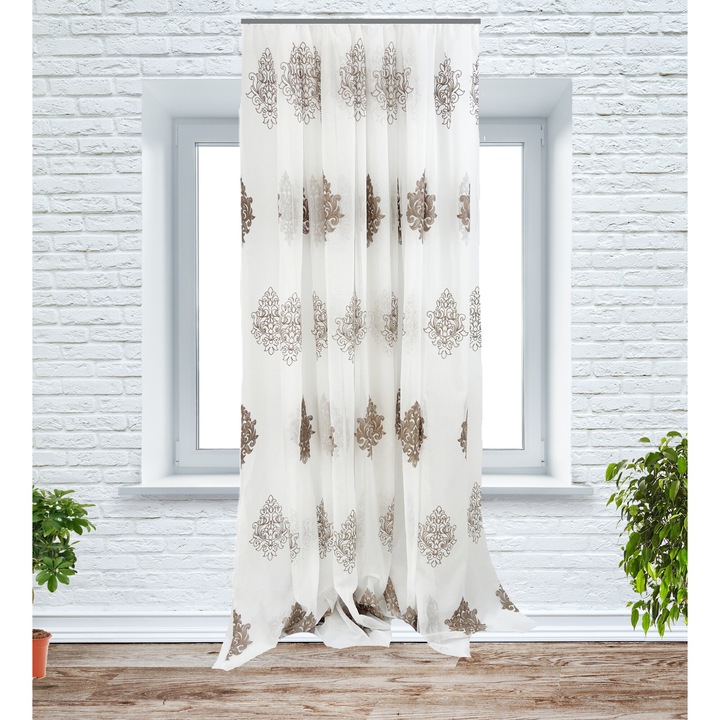 Perdea cu rejansa, 150x230 cm, brodata, model "Arabesk", alb/cappuccino