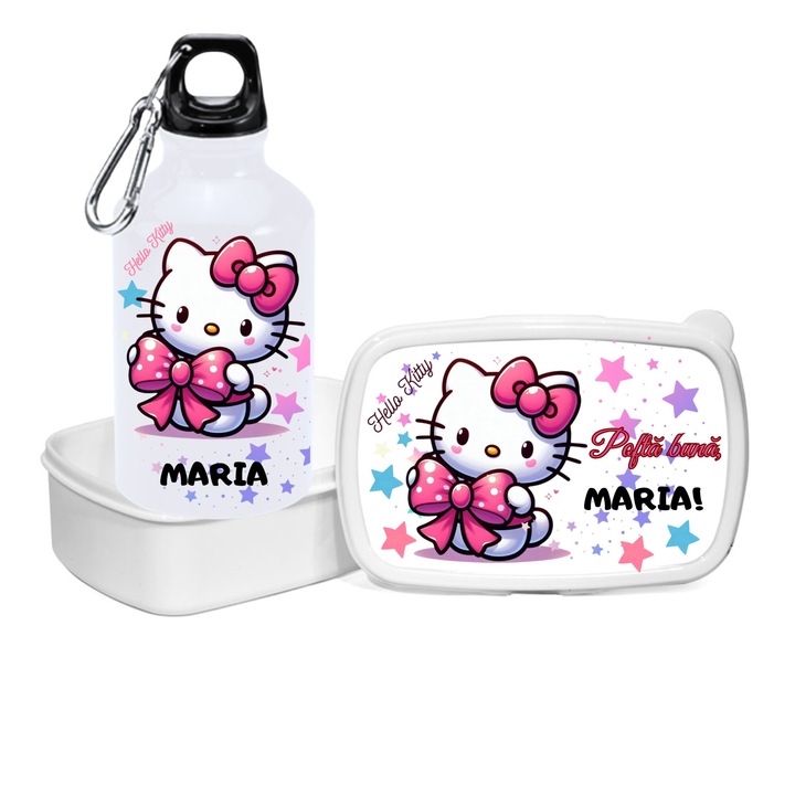 Set bidon de apa si caserola, pentru depozitat mancare, de tip, Lunchbox”, personalizate cu numele fetitei, Maria si imagine Hello Kitty