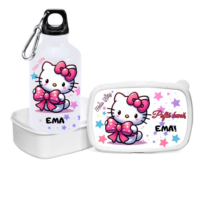 Set bidon de apa si caserola, pentru depozitat mancare, de tip, Lunchbox”, personalizate cu numele fetitei, Ema si imagine Hello Kitty