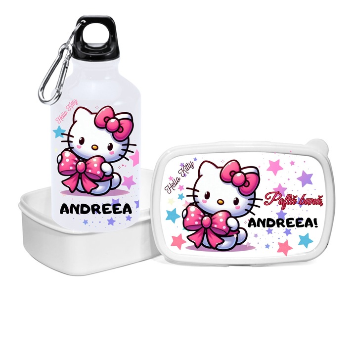 Set bidon de apa si caserola, pentru depozitat mancare, de tip, Lunchbox”, personalizate cu numele fetitei, Andreea si imagine Hello Kitty