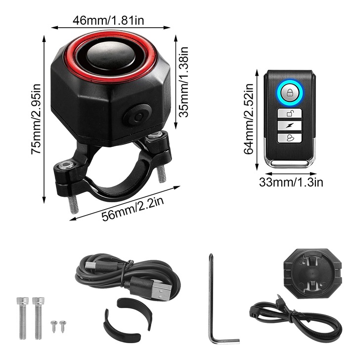 Alarma antifurt bicicleta si motocicleta, JEEJINYAN, 110dB, senzor de vibratii ajustabil, reincarcabil, waterproof IP55