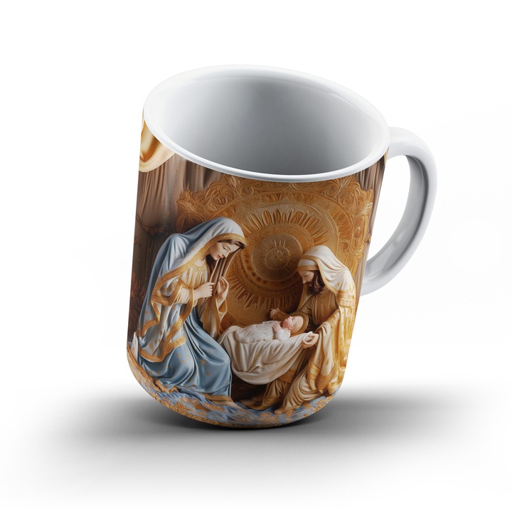 Cana „Miracolul Nasterii” – Design 3D Inspirat de Spiritul Craciunului, model 2, 330ml, alb