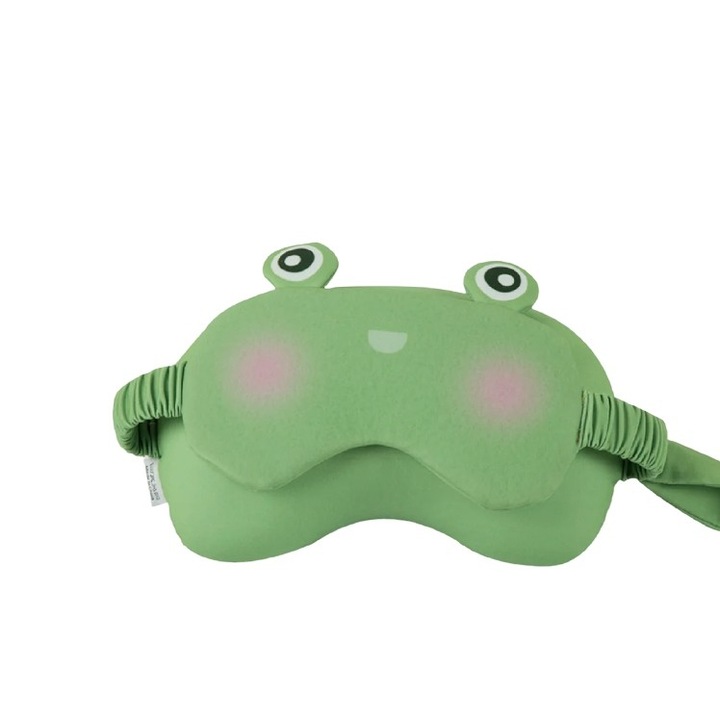 Masca de dormit, 2 in 1, cu tetiera, pentu calatorii, din particule de spuma si bumbac, model broasca, verde