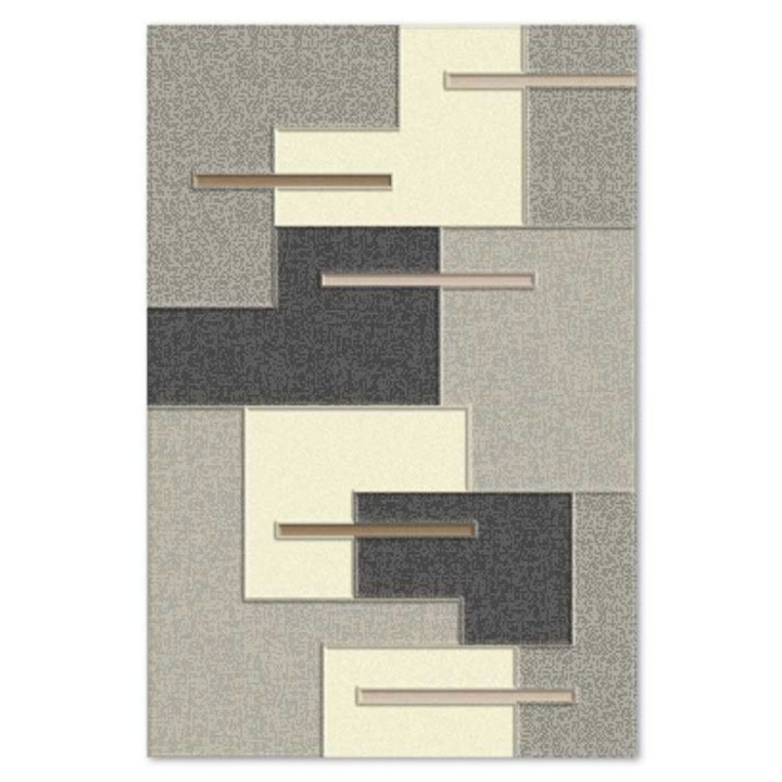 Covor living / dormitor Carpeta Soho 49351-18431, 120 x 170 cm, polipropilena frise, gri + negru + crem, dreptunghiular