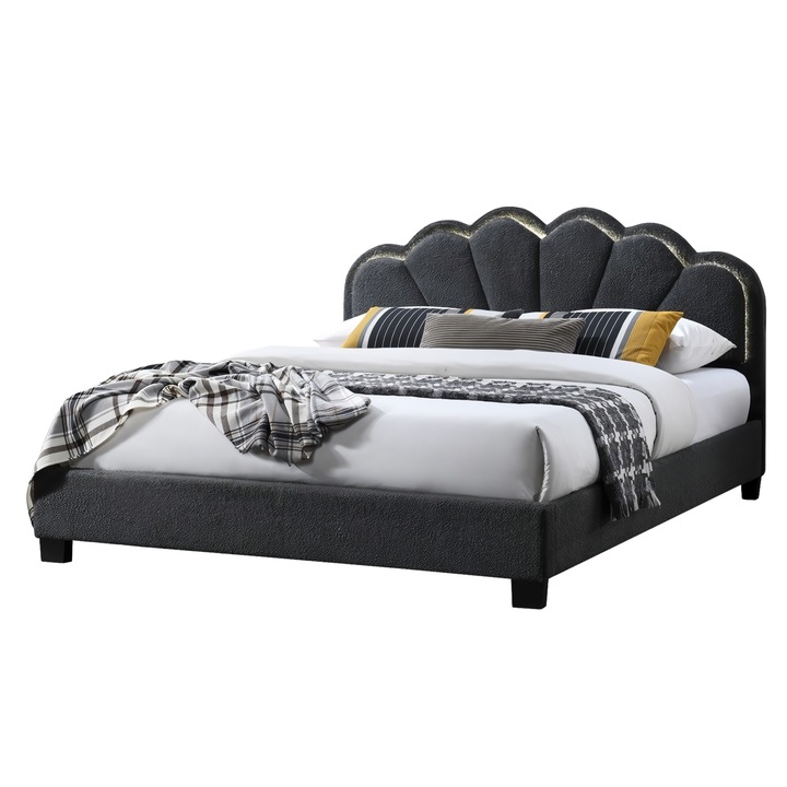 Pat tapitat Comfort 2 cu LED, 160x200, cadru din lemn cu somiera fixa, culoare Gri