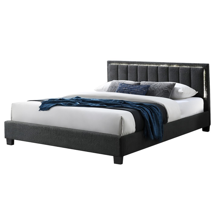 Pat tapitat Comfort 1 cu LED, 140x200, cadru din lemn cu somiera fixa, culoare Gri