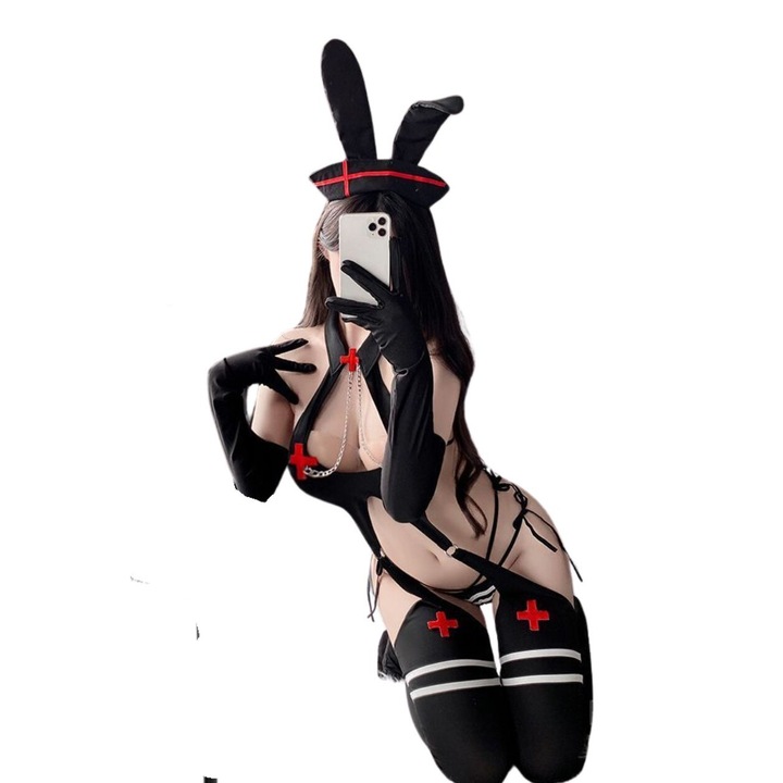 Costum sexy, JOOJER, Politist de iepure Cosplay, rochie sexy craciunita, poliester, negru, set 4 piese, marime universala