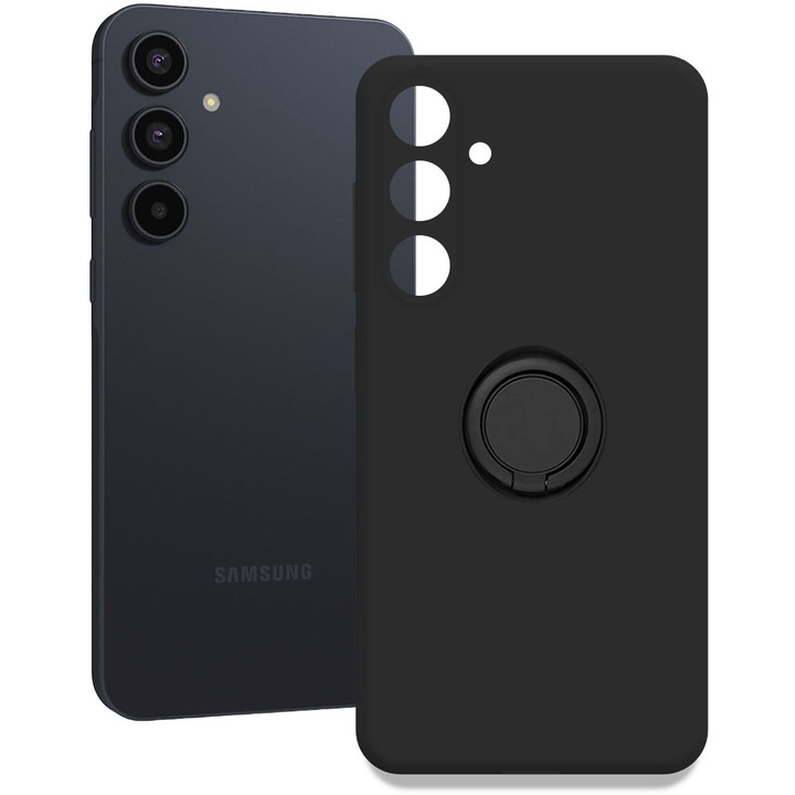 Husa pentru Samsung Galaxy A55 5G, Color Ring, Silicon, Interior de microfibra, Magnetica, Inel rotativ ajustabil 360 de grade, Functie stand / suport, Compatibila cu suport auto, Negru