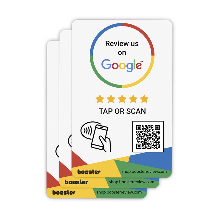 Google Review Tap Cards a Booster Review-tól – Koppintson az azonnali áttekintéshez – Minden telefonnal kompatibilis – Újrafelhasználható Smart Tap NFC és QR – Boost Business Reviews – 3 csomag