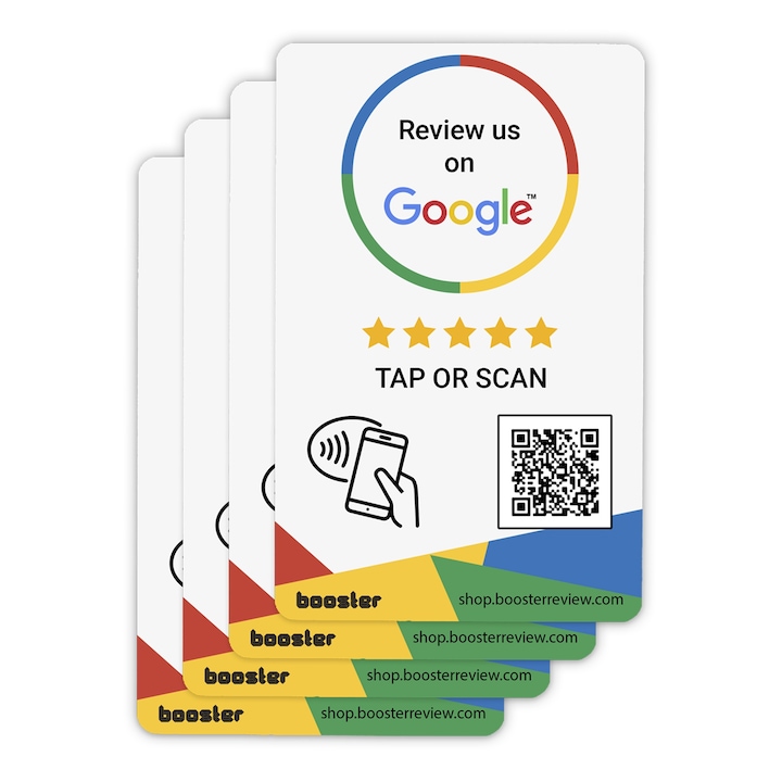 Google Review Tap Cards a Booster Review-tól – Koppintson az azonnali áttekintéshez – Minden telefonnal kompatibilis – Újrafelhasználható Smart Tap NFC és QR – Boost Business Reviews – 4 csomag