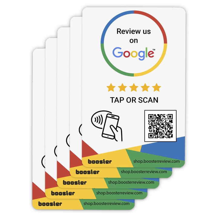 Google Review Tap Cards a Booster Review-tól – Koppintson az azonnali áttekintéshez – Minden telefonnal kompatibilis – Újrafelhasználható Smart Tap NFC és QR – Boost Business Reviews – 5 csomag