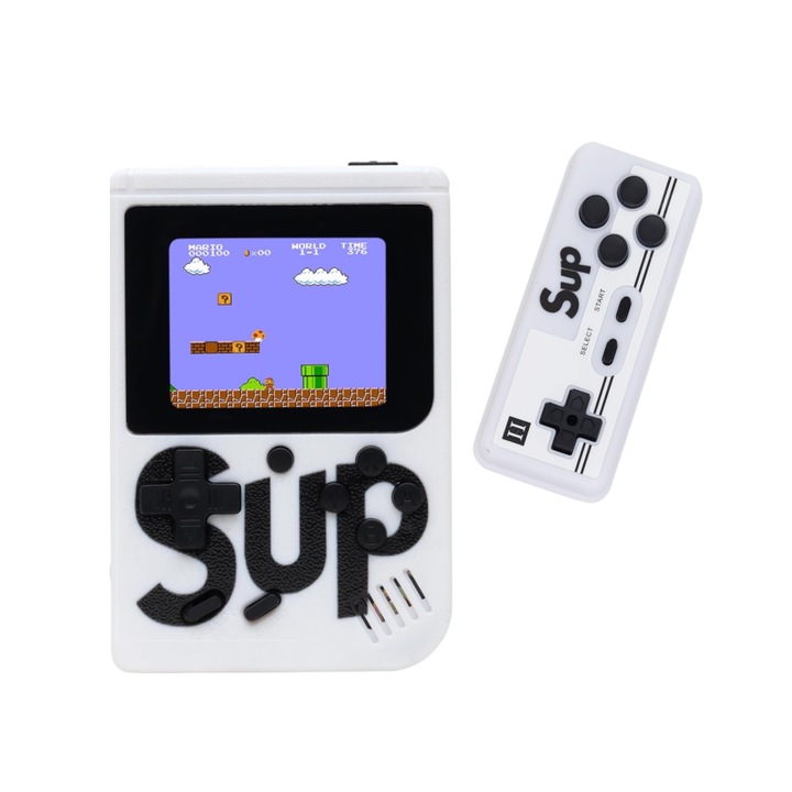 Game Box konzol, 400 játék, hangerőszabályzó, LCD képernyő, AV kábel TV csatlakozáshoz, Micro-USB töltés, 2 játékos, 11 cm x 8 cm, hordozható, fehér, HAPPY JOKER®
