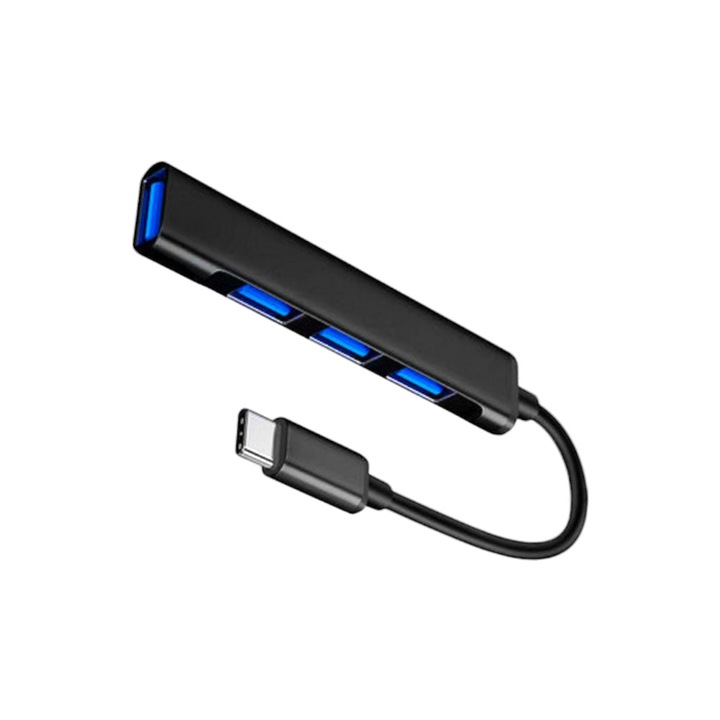 Хъб, Тип C USB, 4 порта в 1, Трансфер на данни, Телефон, лаптоп, Таблет, Многопортов адаптер, Лек и преносим, Удължител, Черен цвят