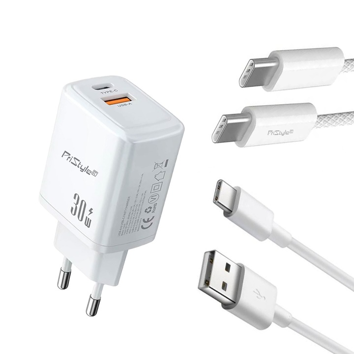 Set Incarcator Fast Charge 30W la 20V/1.5A pe USB C Single, 17W Dual Charge, si 2 Cabluri Incluse, USB-A la USB-C si USB-C la USB-C, Compatibil cu Samsung, Huawei, Oppo, Nokia, OnePlus, Google Pixel, Allview, Apple iPhone 15, 16, 17, Alb, PriStyle®