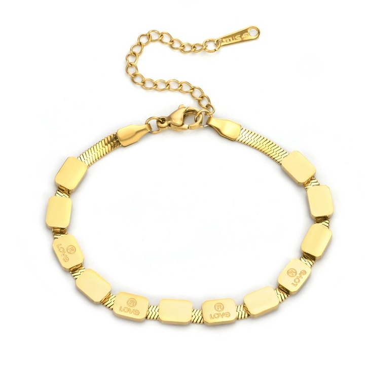 Bratara din otel titan cu lant, litere aurii, design elegant, versatil, pentru femei