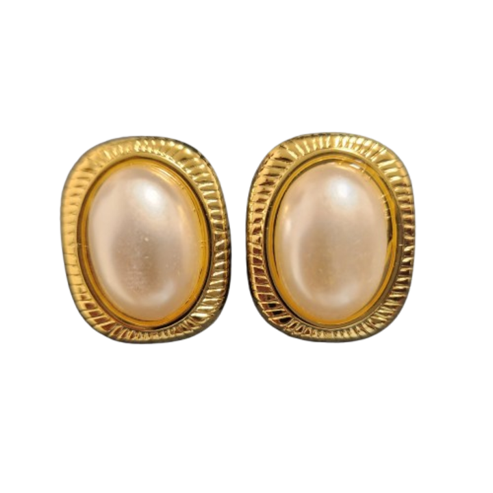 Cercei dama, imitatie perla ovala, stil retro, titan, set, auriu