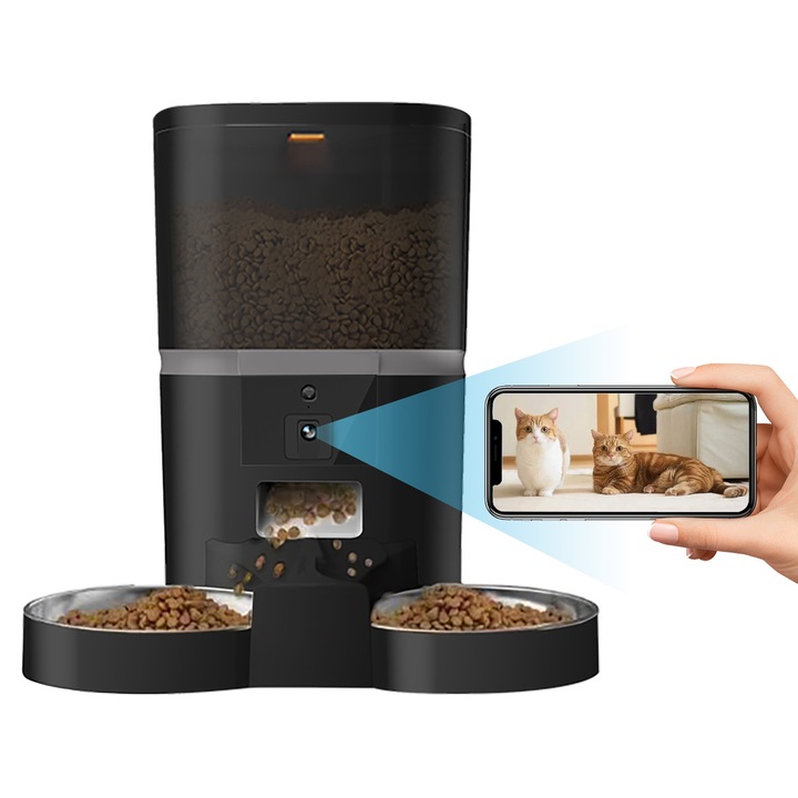 Hranitor automat Pawty™ Dual Bowl pentru Caini si Pisici, Camera Video 480P, Aplicatie Telefon, Doua boluri, Controlul Portiei, Programare Automata, Plan de Hranire, Istoricului Meselor, Capacitate 6L, Alimentare Dubla, Wi-Fi 2.4 Ghz, Negru