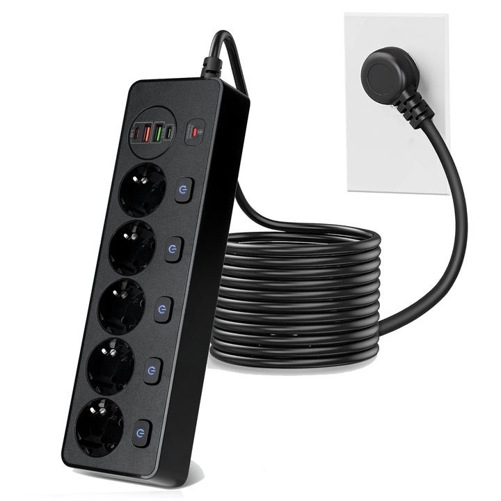Több konnektor 5 kimenettel, 4 USB port, túlterhelés elleni védelem, fekete, 3000 W, készlet