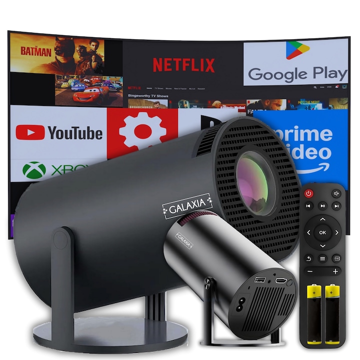 Преносим Smart LED видео проектор GALAXIA с Android 12, Wi-Fi 6, BT 5.0, HD резолюция 1280x720p, HDMI, USB и Mirroring, IOS/Android, черен