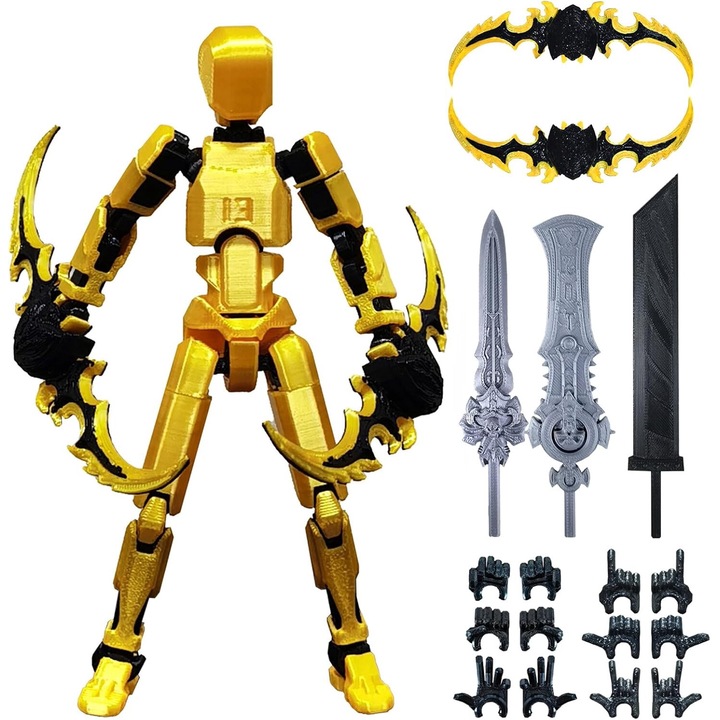Szett csuklós robot figura, 14 cm, 3D nyomtatott, teljesen összeszerelt, OUYLAF, Fekete/arany