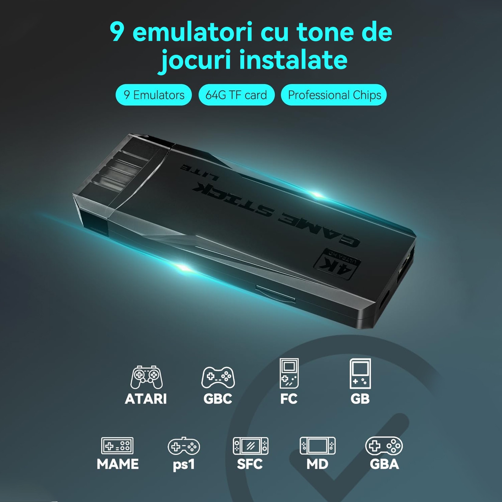 Consola de jocuri retro, 20.000 jocuri, 15 emulatoare, iesire HDMI 4K, 2 controlere wireless, plug and play