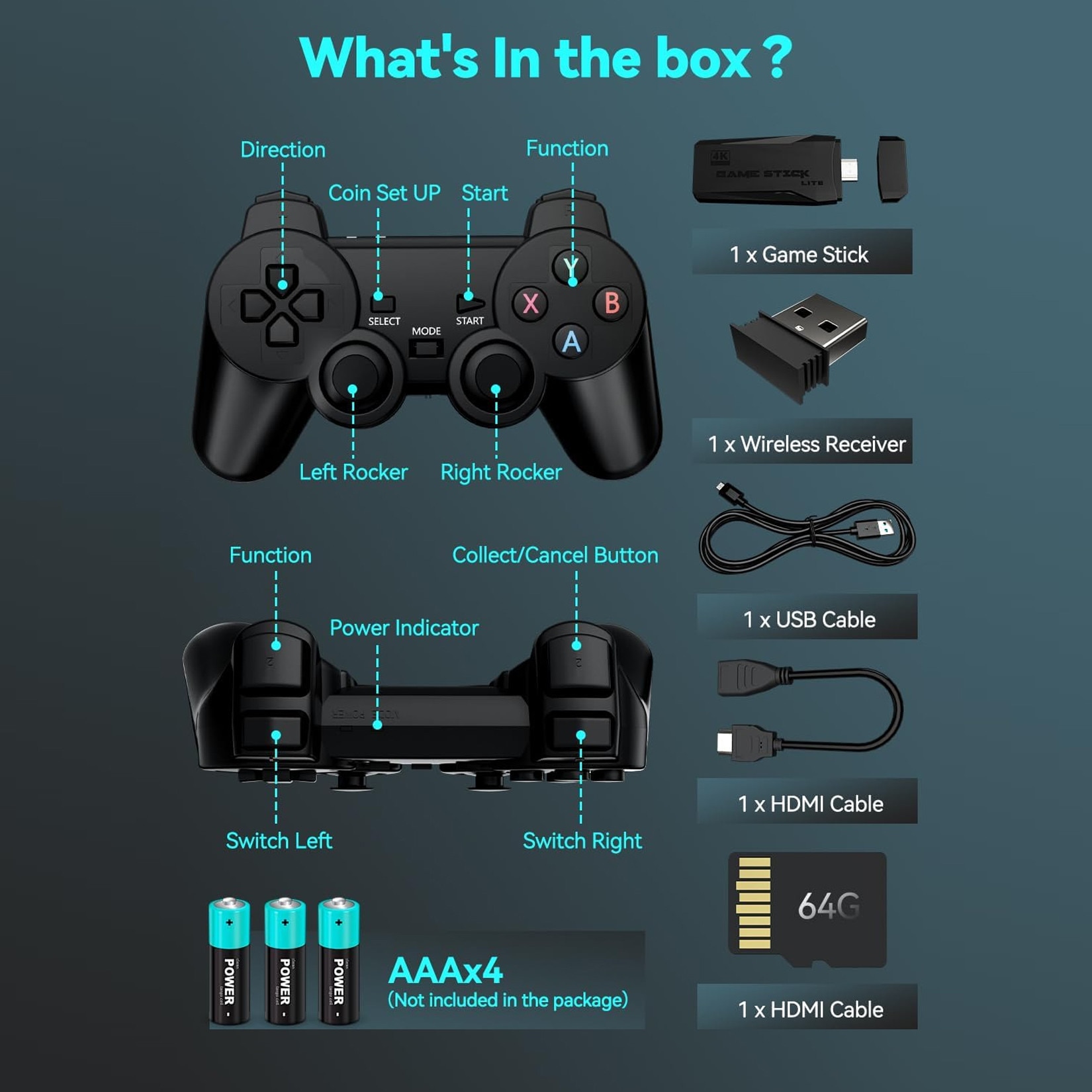 Consola de jocuri retro, 20.000 jocuri, 15 emulatoare, iesire HDMI 4K, 2 controlere wireless, plug and play