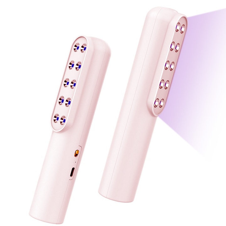 UVC бактерицидна лампа с пръчка, 7 W, преносим UV-C стерилизатор, дезинфекция, стерилизация, за всякакви повърхности, Предлага се с 10 UV-C LED перли, Розово