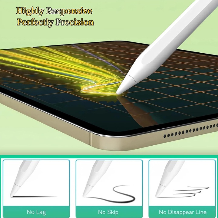 Stylus Pen Universal, Wacorresi®, Compatibil cu orice tableta si telefon Stylus pen, profesional, capacitiv, penite anti-zgarieturi, pix cu functie palm rejection, tilt, fara lag, fast charge, magnetic, aluminiu, Type-C, alb