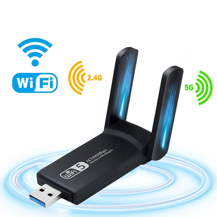 Vezeték nélküli bővítő adapter, Wifi hatótávú jelerősítő, kétsávos 2,4 GHz-5 GHz, 1300 Mbps, USB 3.0, 2,4 G és 5G hálózat, nagy hatótávolságú, 2 antenna, fekete