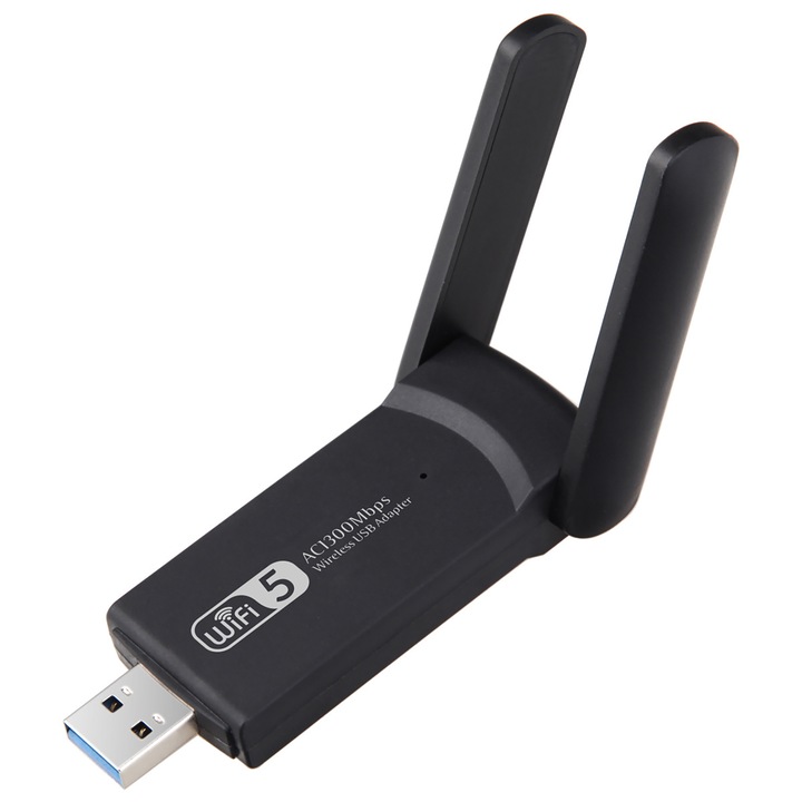 Адаптер за безжичен удължител, усилвател на Wifi обхват на сигнала, двулентов 2,4 Ghz- 5 Ghz, 1300 Mbps, USB 3.0, 2.4G и 5G мрежа, дълъг обхват, 2 антени, черен