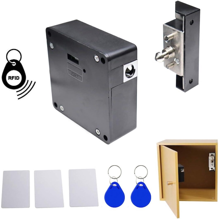 Скрита интелигентна брава за гардероб, чекмедже, гардеробна, дом, офиси, с NFC-RFID отключване, включени 3 карти за достъп, за безопасност, OUYLAF, Черен