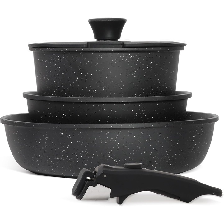 Комплект тенджера и тиган от 5 части, с подвижни дръжки, незалепващо покритие, керамика, Черен