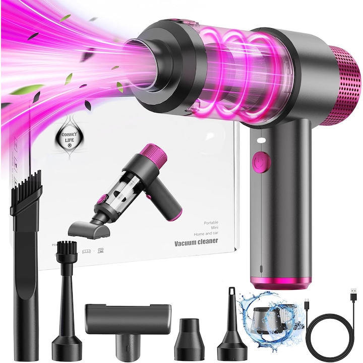 Aspirator auto 4 in 1 ODISSEY LIFE®, Turbo Duster, 12000PA, 120W, baterie 4000mAh, reancarcabil, functii aspirare, suflare si vidare, filtru HEPA, magenta