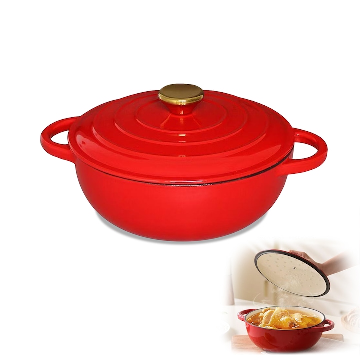 Zománcozott öntöttvas edény fedővel, 2L, 220mm, sütőhöz, főzőlaphoz, gáz, elektromos, indukciós, Piros